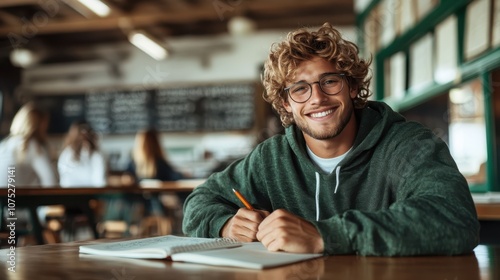 A young man with curly hair and glasses smiles while sitting at a table in a school library, holding a pencil. The background shows blurred people studying.