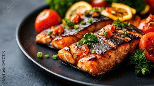 Perfectly grilled salmon fillets garnished with herbs, accompanied by fresh vegetables on a plate, exhibiting a vibrant and healthy dining option.