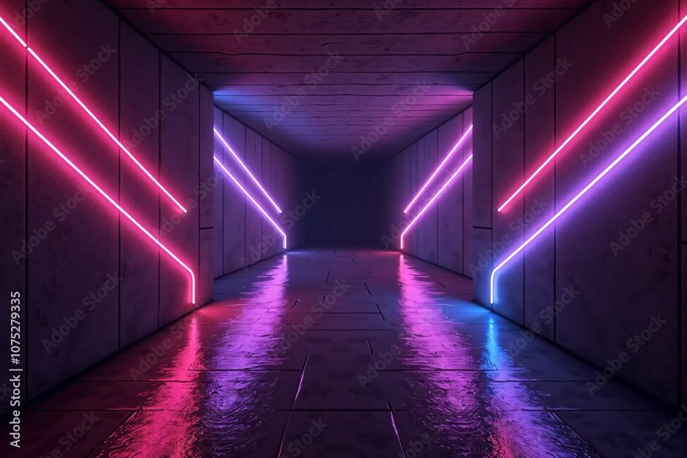 Reflective Sci-Fi Corridor with Vibrant Pink and Blue Zigzag Neon Lights in a Dark Futuristic Hallway