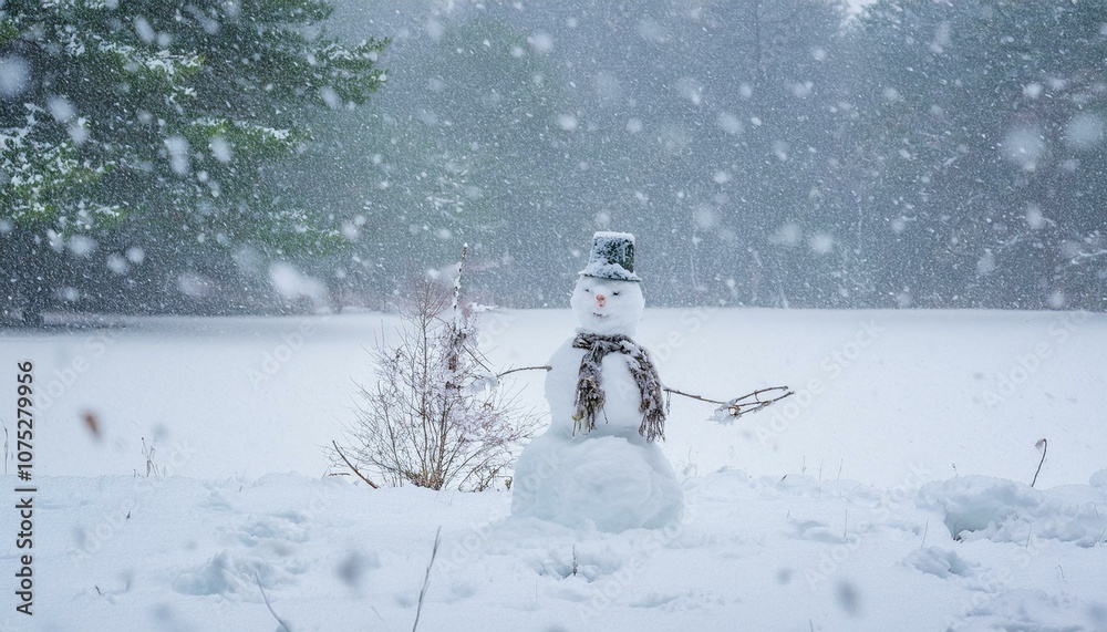 Fototapeta premium A snowman standing alone on a snowy day