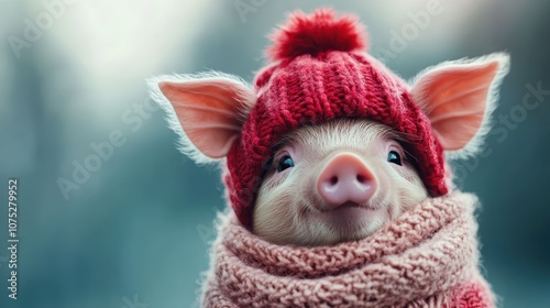 Wallpaper Mural A charming piglet cozy in a knitted red hat and scarf, set against a blurred background, capturing winter warmth and cuteness in a delightful portrait. Torontodigital.ca