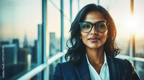 Bellissima donna indiana di 45 anni con vestito elegante e occhiali in un moderno ufficio con ampie vetrate e vista sulla città photo