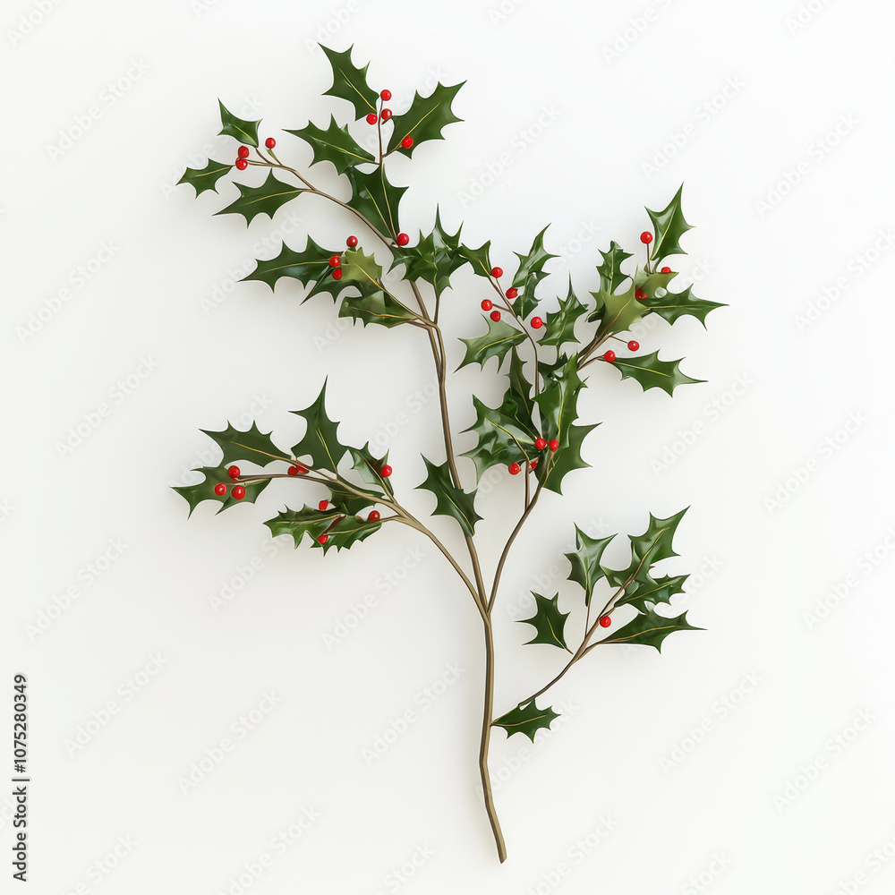Fototapeta premium A beautiful holly branch featuring vibrant green leaves and bright red berries, perfect for holiday decorations.