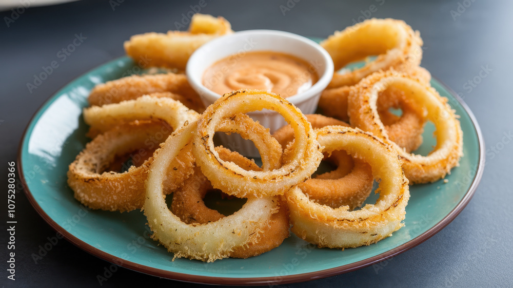 A plate of crispy golden onion rings served with a creamy dipping sauce, perfect for a delicious snack or appetizer. A plate of crispy golden onion rings served with a creamy dipping sauce, perfect for a delicious snack or appetizer.