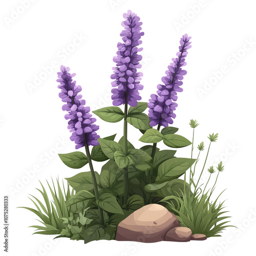 Illustration of purple flowers with green leaves and rocks, isolated on a white background. transparent background