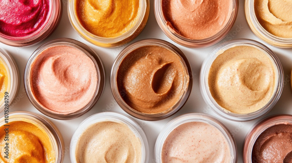 Close-up of baby food jars with different puree flavors, neatly arranged on a white background with a small spoon beside them Close-up of baby food jars with different puree flavors, neatly arranged on a white background with a small spoon beside them