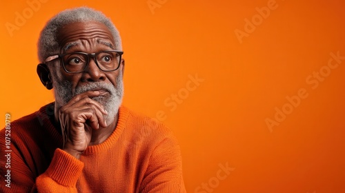 An elderly man with a thoughtful expression, dressed in an orange sweater, sits against an orange background, evoking a sense of introspection and wisdom. photo