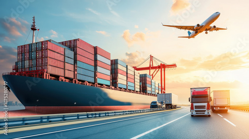 A busy transportation scene featuring a cargo ship, trucks, and an airplane against a vibrant sunset sky. photo