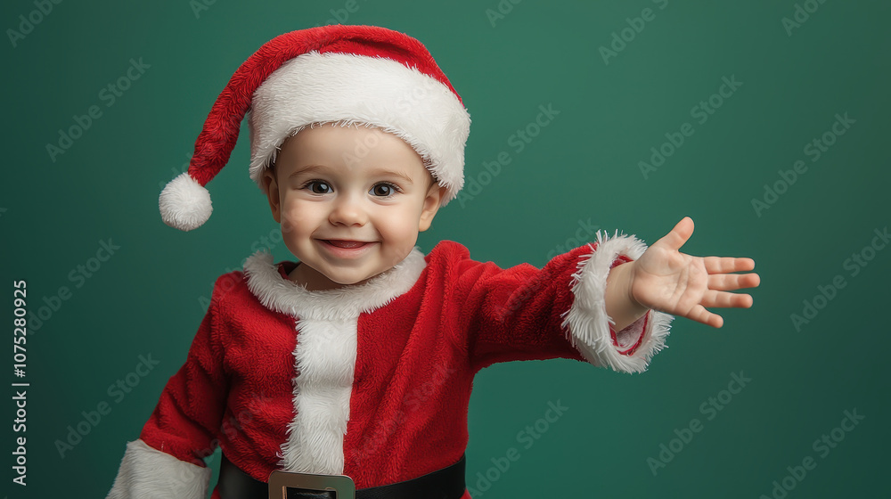 A cheerful child dressed as Santa Claus, spreading joy during the festive season with a warm smile and welcoming gesture. A cheerful child dressed as Santa Claus, spreading joy during the festive season with a warm smile and welcoming gesture.