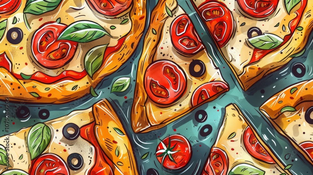 Naklejka premium Pizza slices with various toppings like tomatoes and basil.
