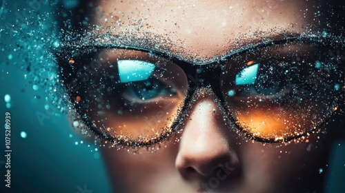 Sunglasses featured amid a digital snowfall effect, blending reality with imagination to depict modern fashion, style, and winter vibes in a creative conceptual illustration. photo