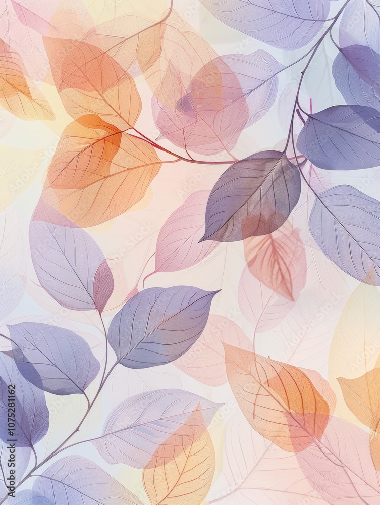 The design has a light and airy feel, with leaves overlapping each other and a pastel color palette. The design has a light and airy feel, with leaves overlapping each other and a pastel color palette.
