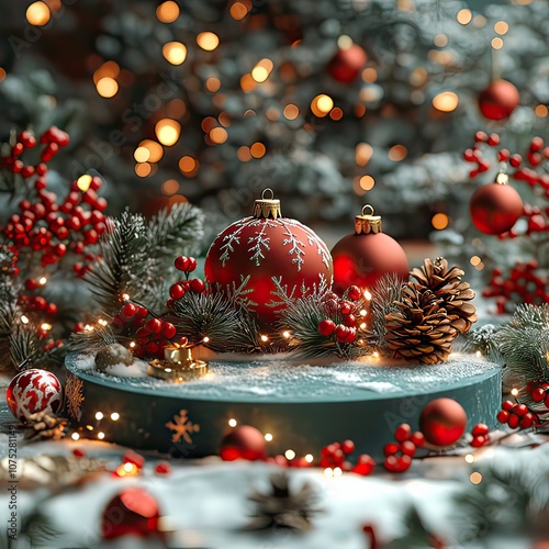 Red and green decorations, snowflakes, and Christmas ornaments, set in a snowy backdro