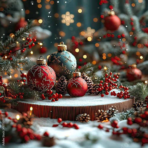 Red and green decorations, snowflakes, and Christmas ornaments, set in a snowy backdro