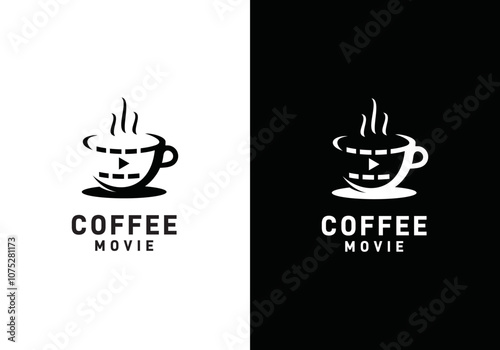 movie with coffee cup logo. film strip videography production symbol vector template