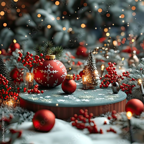Red and green decorations, snowflakes, and Christmas ornaments, set in a snowy backdro