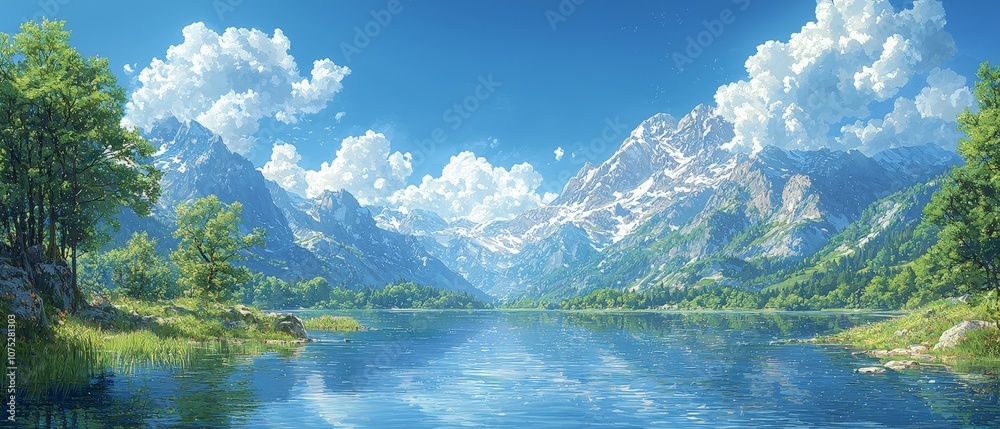 A serene mountain landscape with a calm lake reflecting the sky and surrounding nature. A serene mountain landscape with a calm lake reflecting the sky and surrounding nature.