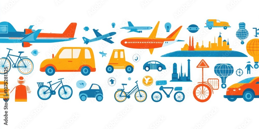 Naklejka premium A collection of transportation symbols in bright colors, featuring cars, planes, and bicycles. 