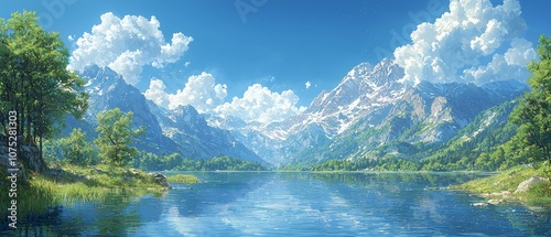 A serene mountain landscape with a calm lake reflecting the sky and surrounding nature.