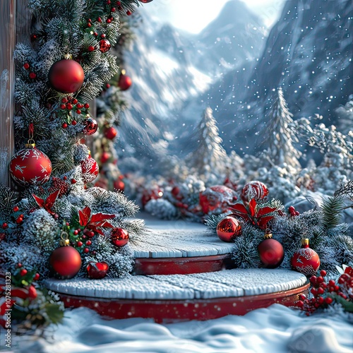Red and green decorations, snowflakes, and Christmas ornaments, set in a snowy backdro