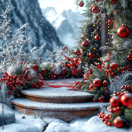 Red and green decorations, snowflakes, and Christmas ornaments, set in a snowy backdro