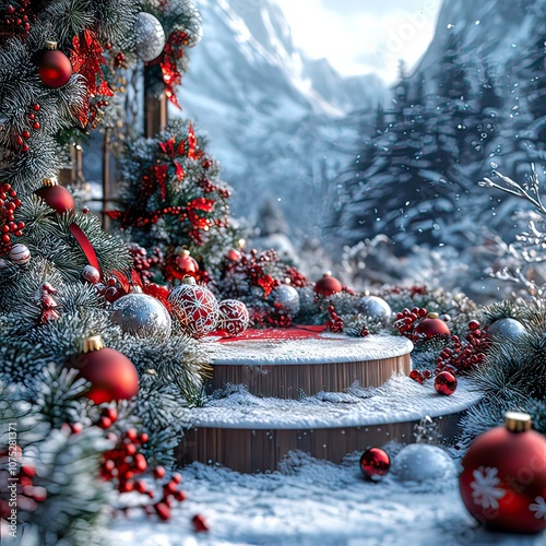 Red and green decorations, snowflakes, and Christmas ornaments, set in a snowy backdro
