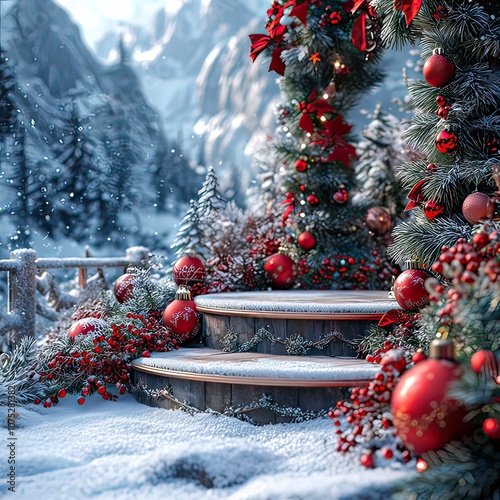 red and green decorations, snowflakes, and Christmas ornaments, set in a snowy backdrop