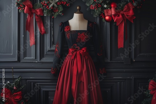 A fashionable dress with rich red and black motifs, enhanced by decorative wreaths above, exudes elegance and festive spirit in timeless style.