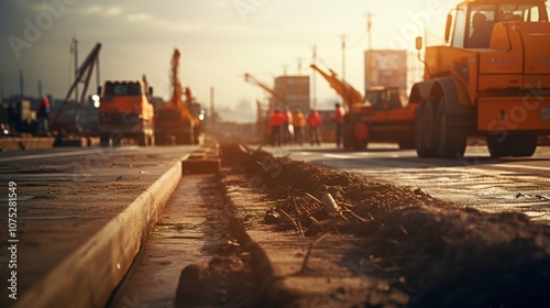 Construction site with bulldozer and excavator working under a cloudy sky.