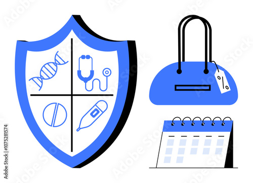 Shield with DNA, stethoscope, pill, and thermometer icons shopping bag with price tag calendar. Ideal for healthcare planning, medical appointments, lifestyle management, health budgeting, wellness