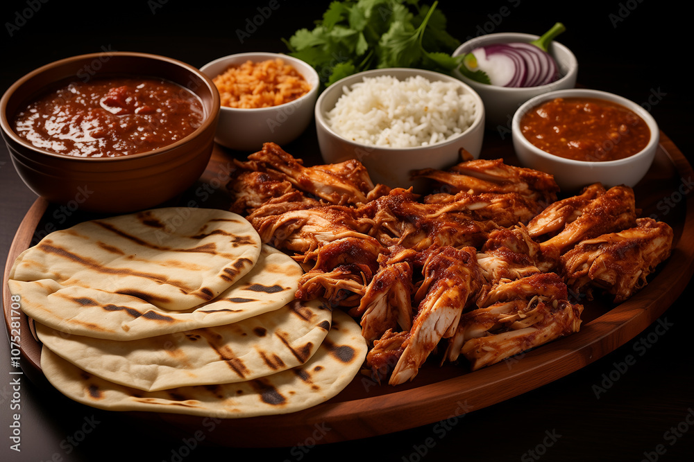 Traditional Mexican mole sauce poured over chicken, served with rice and warm tortillas Traditional Mexican mole sauce poured over chicken, served with rice and warm tortillas
