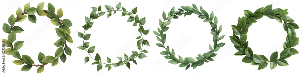 Set of decorative green leaf wreaths with different designs, perfect for enhancing floral arrangements or events. transparent background Set of decorative green leaf wreaths with different designs, perfect for enhancing floral arrangements or events. transparent background