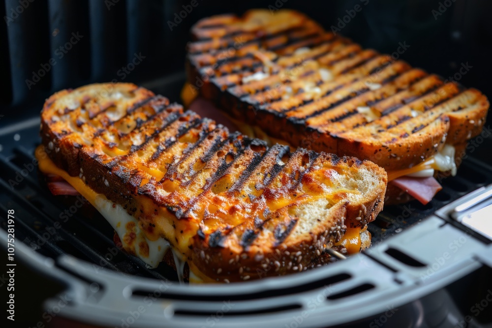 A crispy golden-brown grilled cheese sandwich with ham and egg, prepared in an air fryer, displayed on a wooden board, showcasing melted cheese and a perfect crust A crispy golden-brown grilled cheese sandwich with ham and egg, prepared in an air fryer, displayed on a wooden board, showcasing melted cheese and a perfect crust
