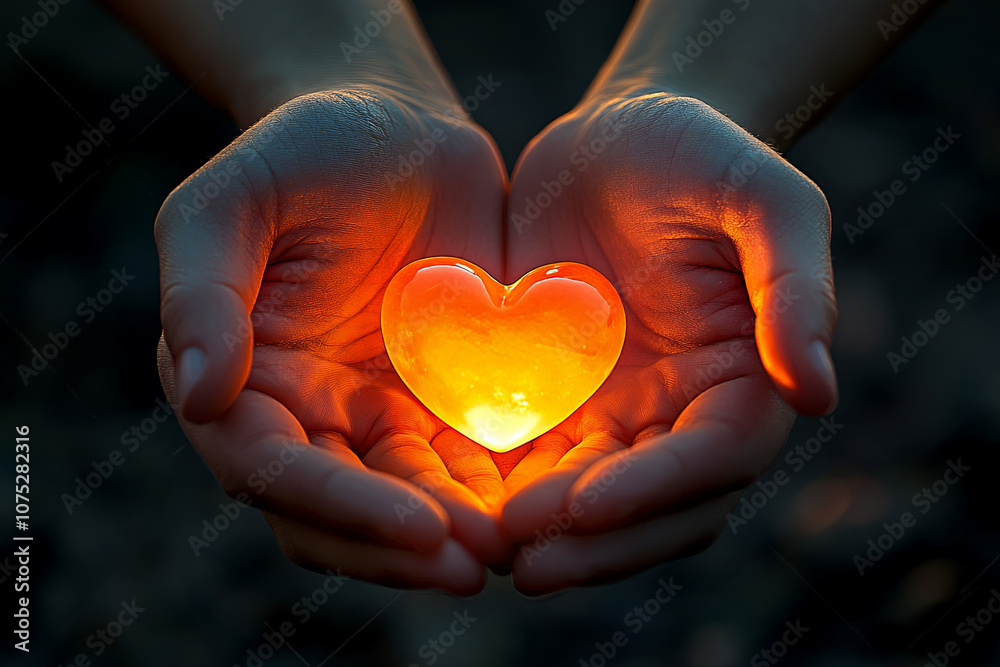 Fototapeta premium A pair of hands gently cradles a glowing heart-shaped stone during twilight, symbolizing love and warmth in nature