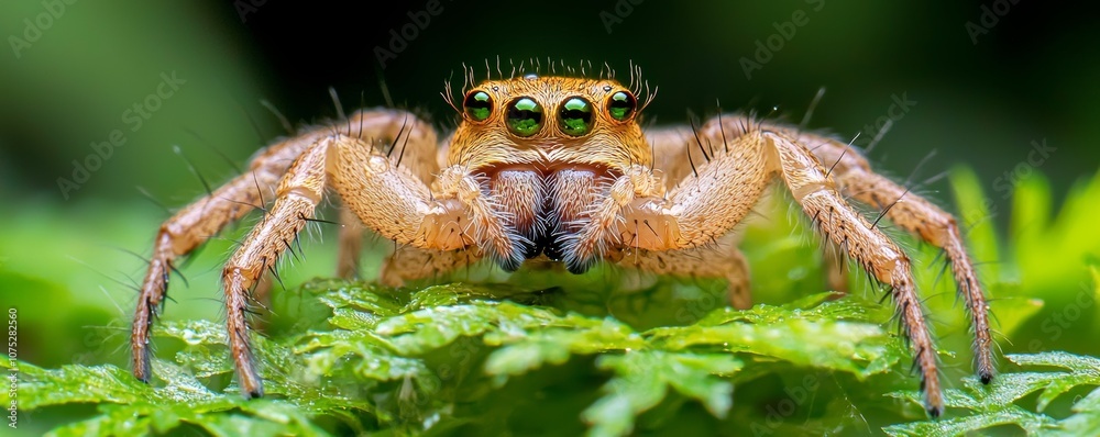 A close-up image of a spider on lush green foliage, showcasing intricate details of its body and eyes. A close-up image of a spider on lush green foliage, showcasing intricate details of its body and eyes.