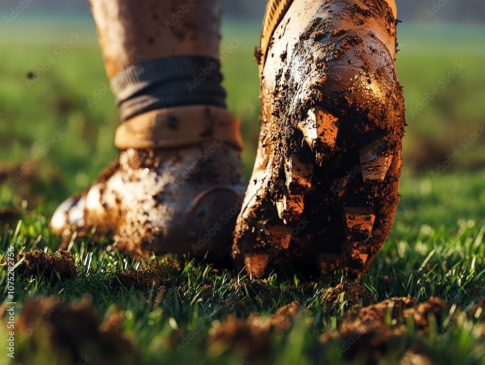 Close-up of muddy hiking boots on grass. Close-up of muddy hiking boots on grass.
