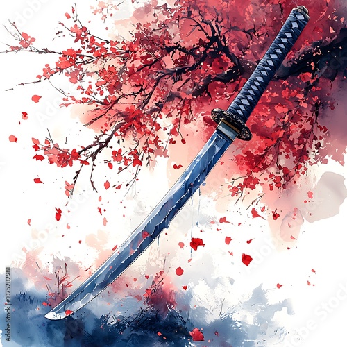 Watercolor Painting of a Samurai Sword and Cherry Blossoms. photo