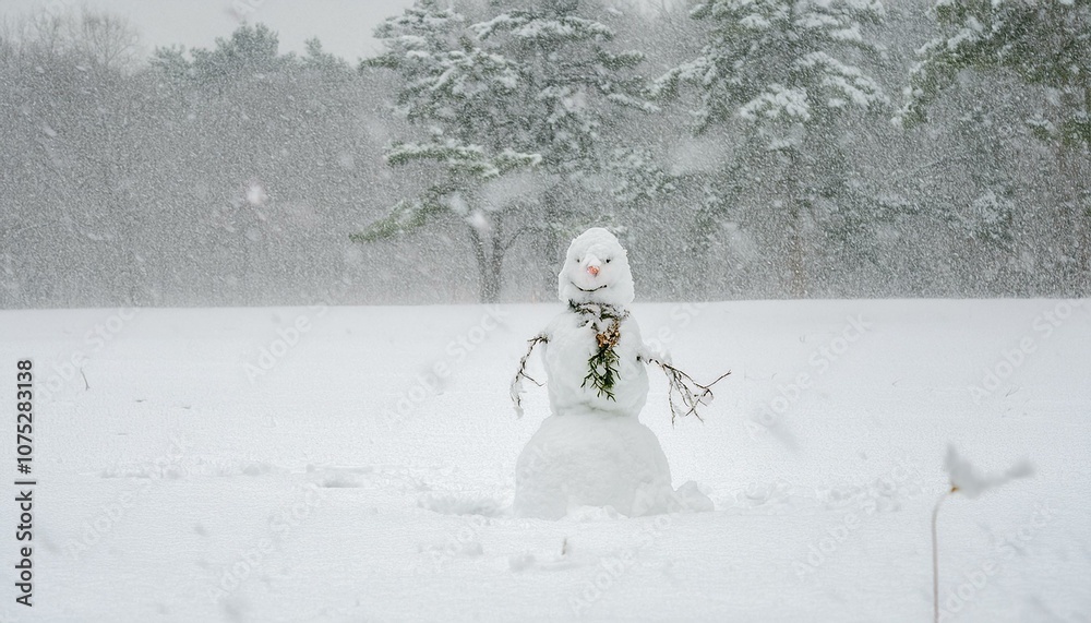 Fototapeta premium A snowman standing alone on a snowy day