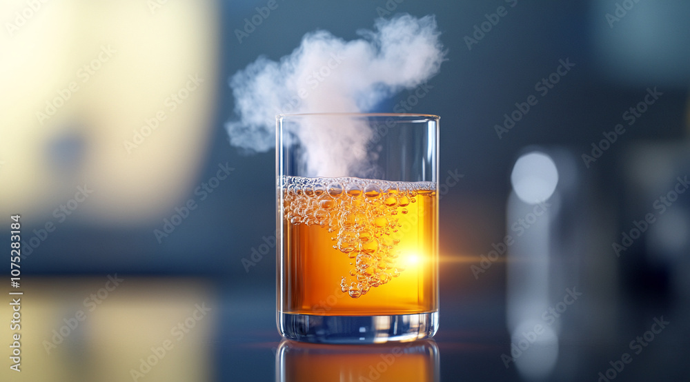 A glass of liquid with a light-colored gas rising from it sits on a table against a blurred background A glass of liquid with a light-colored gas rising from it sits on a table against a blurred background