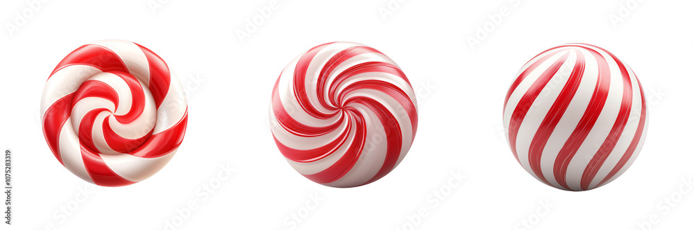 Three colorful peppermint candies with red and white stripes on a white background. transparent background Three colorful peppermint candies with red and white stripes on a white background. transparent background