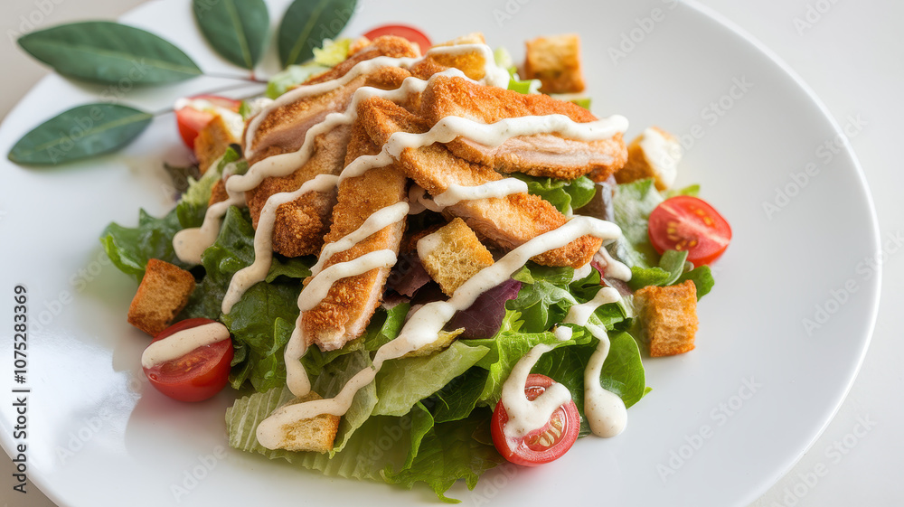A colorful salad featuring crispy chicken strips, fresh greens, cherry tomatoes, and drizzled with creamy dressing, perfect for a healthy meal. A colorful salad featuring crispy chicken strips, fresh greens, cherry tomatoes, and drizzled with creamy dressing, perfect for a healthy meal.