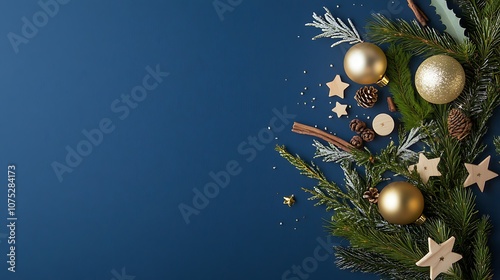 A Festive Christmas Background with Golden Ornaments and Pine Branches for Holiday Celebrations