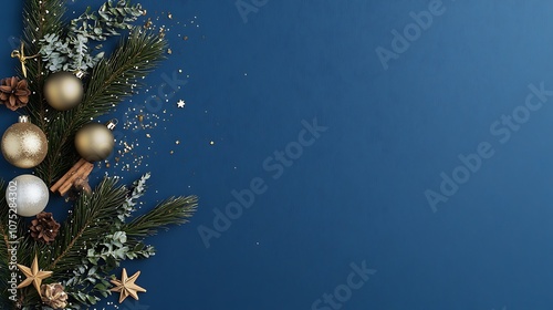 A Festive Christmas Background with Golden Ornaments and Pine Branches for Holiday Celebrations