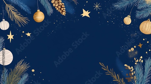 A Festive Christmas Background with Golden Ornaments and Pine Branches for Holiday Celebrations