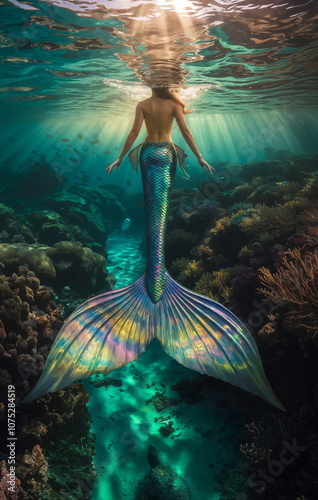 Mysterious Mermaid Swimming Gracefully Underwater with Scales Glimmering, Enchanted by Dreamlike Sunlight Rays Shining Through the Surface, Creating a Beautiful Glow in a Magical Undersea Realm