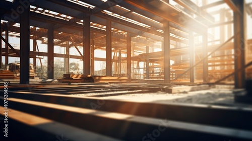 Industrial interior of a steel factory with molten metal casting.