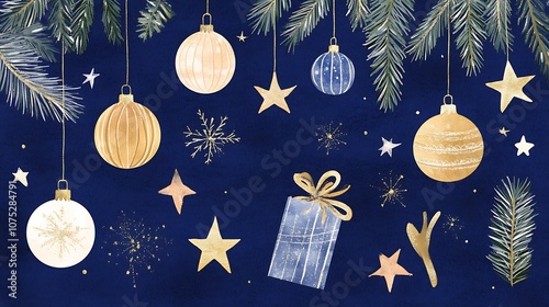 A Festive Christmas Background with Golden Ornaments and Pine Branches for Holiday Celebrations