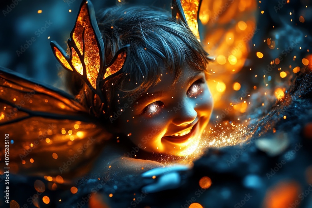 Whimsical scene of a fairy smiling with twinkling eyes, surrounded by magical dust and light Whimsical scene of a fairy smiling with twinkling eyes, surrounded by magical dust and light