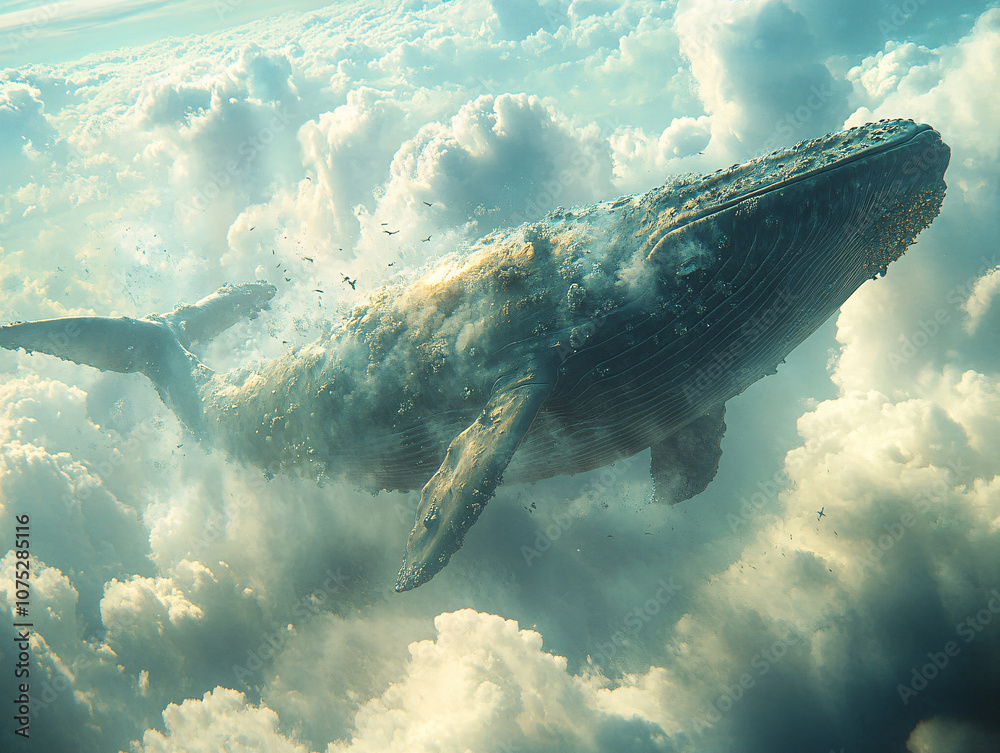 Fototapeta premium a whale breaching in the cloud ocean, creating a spray of water and splashing it up into the air.