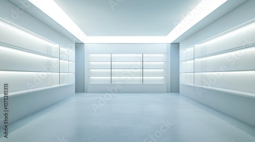 Empty display window in a retail store, bright spotlight illuminating clean shelves against a plain white background, ready for a new collection bff4c636c80b